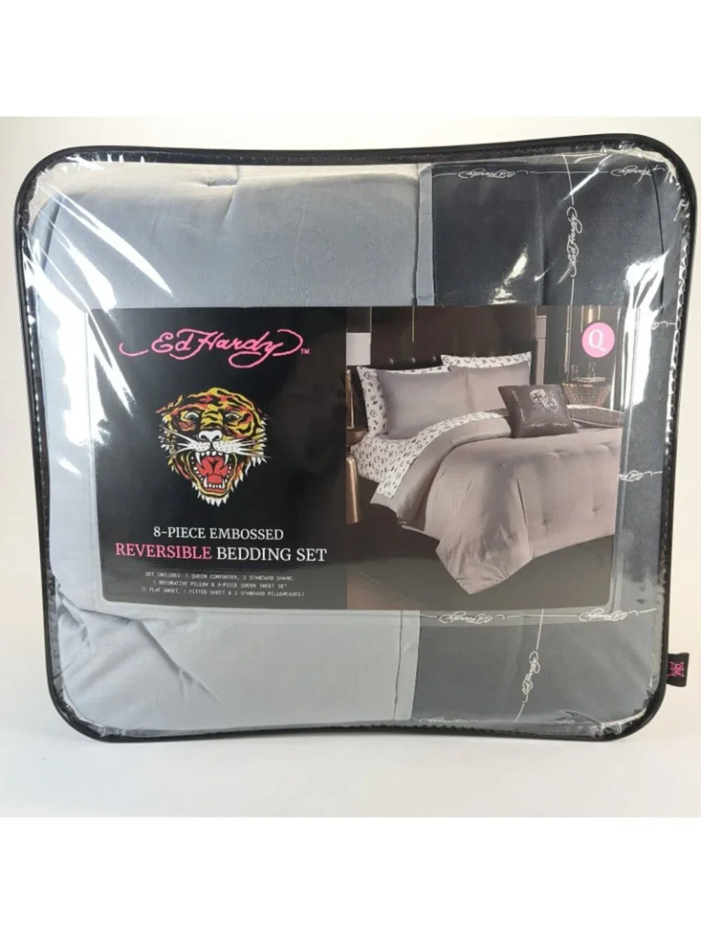 Ed Hardy Queen Comforter Bed Set w Shams Pillow Sheets Black White Dice Skull